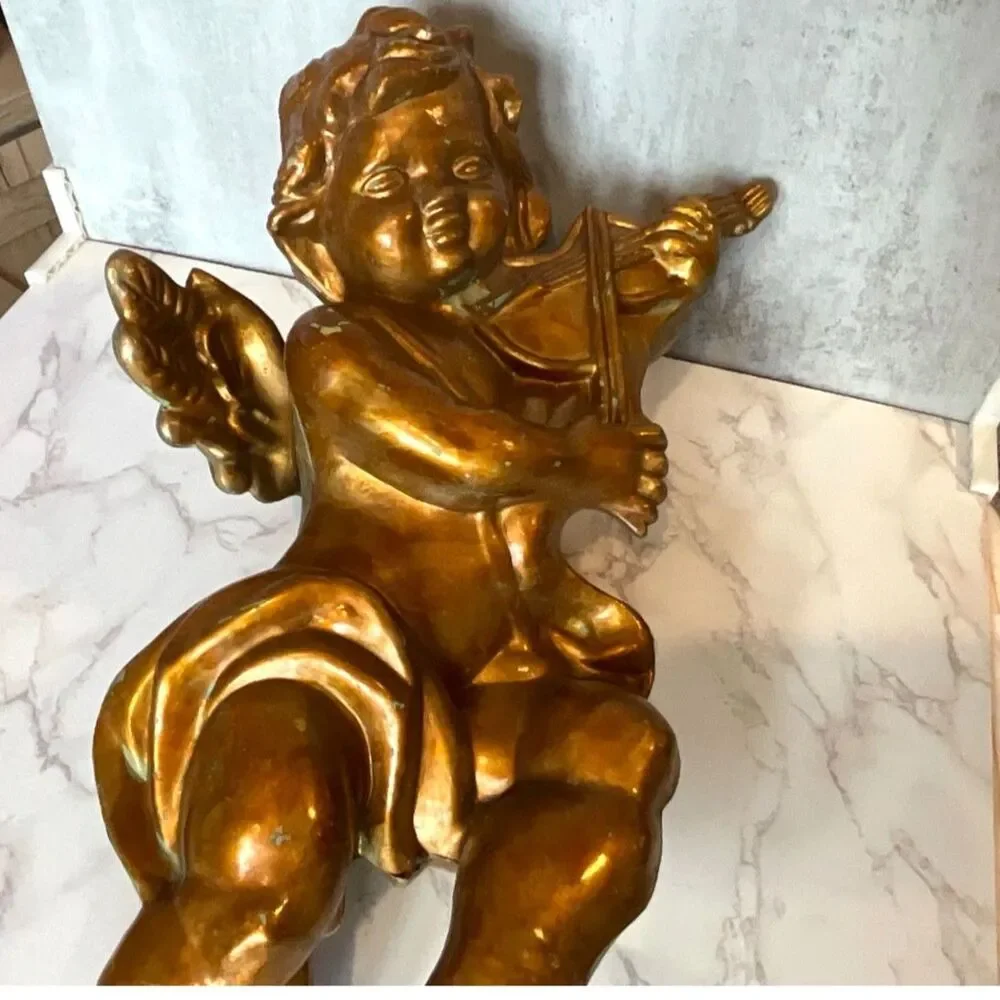 Beautiful gold painted large size cherub with violin Hollywood glam
